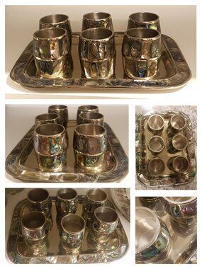 [ALPACA] Vintage Mid-Century Mexican Silver-Plate Abalone Shot Glass Set w/ Tray